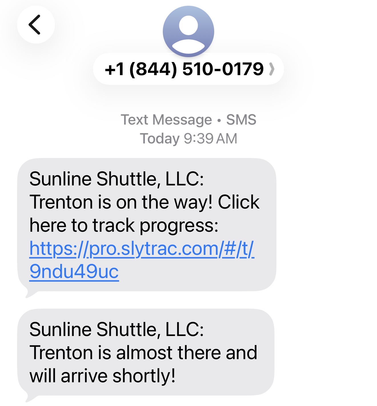 Example confirmation and tracking text messages